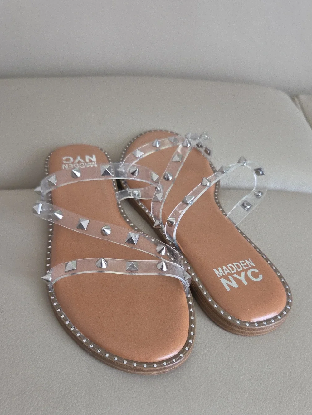 Steve Madden Clear Studded Slide Sandals in Tan